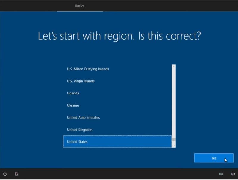 Provide the region information for Windows 10 installation